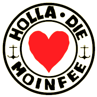 a red heart is in the center of a black and white circle that says holla die moinfee