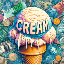 a painting of an ice cream cone with the word cream on top