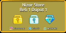 a pixel art advertisement for nizar store with three different types of keys