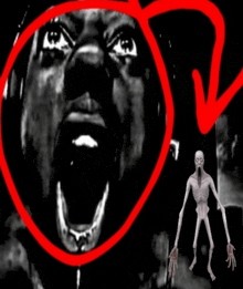 a black and white photo of a man with his mouth open and a red circle around his face