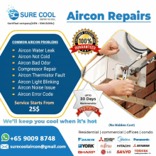 a poster for sure cool aircon repairs with a picture of a person working on an aircon