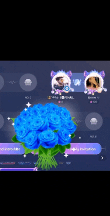 a bunch of blue roses are on a screen with a purple background