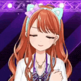 a girl with long red hair is wearing a cat ear headband and a necklace .