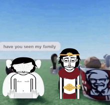 two cartoon characters are standing next to a kfc can