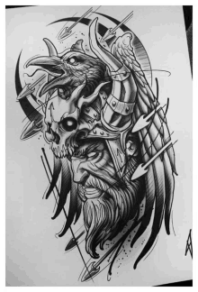 a black and white drawing of a viking with a skull and a bird