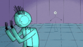 a cartoon character is standing in a room with a stick figure behind him