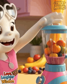 a mascot wearing a shirt that says love laughter wisdom is standing next to a blender