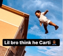 a baby is flying through the air with the words lil bro think he carti below it