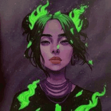 a painting of billie eilish with green flames in her hair