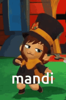 a cartoon character wearing a top hat and a cape says mandi