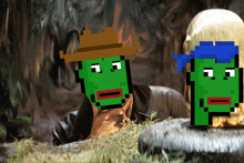 a pixel art of a man and a frog with a hat on