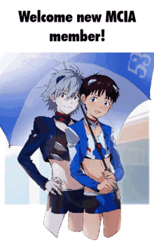 two anime characters holding an umbrella with the words welcome new mcia member