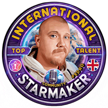 a sign that says international starmaker with a picture of a man in the center