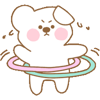 a cartoon drawing of a dog playing with a pink and blue hula hoop