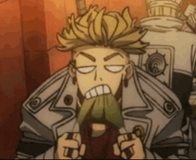 a cartoon character is making a funny face while holding a piece of paper in his mouth .