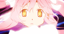 a close up of a pink haired anime girl with yellow eyes