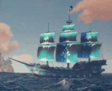 a large ship with a flag on top of it is floating in the ocean