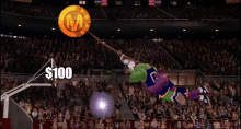 a picture of a basketball game with a coin that says m on it