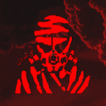 a red silhouette of a person with a skull on their face