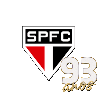 a logo for spfc 93 anos with a red white and black triangle