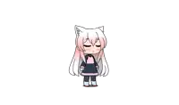 a girl with white hair and cat ears is standing with her eyes closed