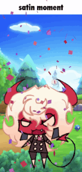 a cartoon of a devil surrounded by confetti with the words " satin moment " below it
