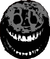 a black and white drawing of a smiley face with a skull and the number 66 on it .