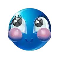 a blue smiley face with a pink bubble on its cheek