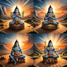 four paintings of a man sitting in a lotus position with mountains in the background