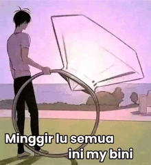 a cartoon of a man holding a hula hoop with the words minggir lu semua ini my bini
