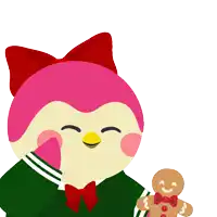 a pink penguin with a red bow on her head holds a gingerbread man