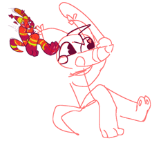 a drawing of a red and yellow cartoon character with a bow on his head