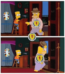 a cartoon of bart simpson and homer simpson with scotland emblems on their shirts