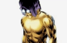 a cartoon character with purple hair is standing in front of a white background without a shirt on .