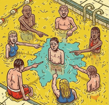 a group of people are sitting in a swimming pool .