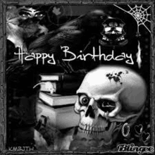 a black and white photo of a skull with a crown on top of it and the words `` happy birthday '' .