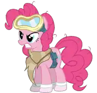 a pink pony wearing a scarf and goggles looks angry