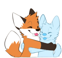 a fox and a wolf hugging each other with the fox sticking its tongue out