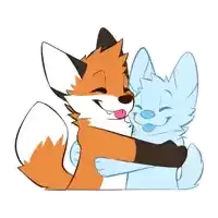 a fox and a wolf hugging each other with the fox sticking its tongue out