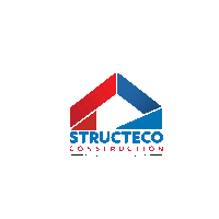 a logo for structeco construction with a red and blue house