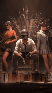 a man in a helmet sits on a box with two women standing behind him and a snap : pubgvip logo