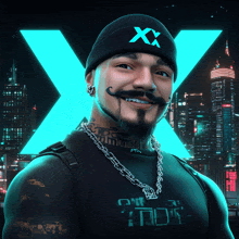 a man with a beard and mustache wears a black beanie with the letter xx on it