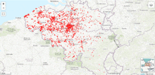 a map shows a lot of red dots on it