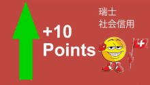 a smiley face is holding a swiss flag in front of an upward arrow that says +10 points