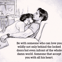 a black and white drawing of a man and woman hugging with a quote below them