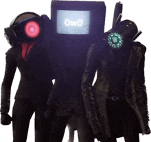 three people standing next to each other with a tv on their head that says owo on it