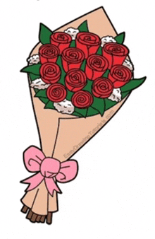 a cartoon drawing of a bouquet of roses with a pink bow