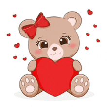 a teddy bear with a red bow on its head is holding a red heart .