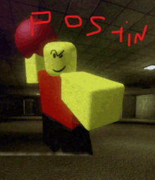 a yellow block with a red boxing glove and the word postin written on it