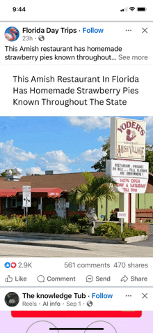 a screenshot of a facebook post about yoder 's amish village in florida